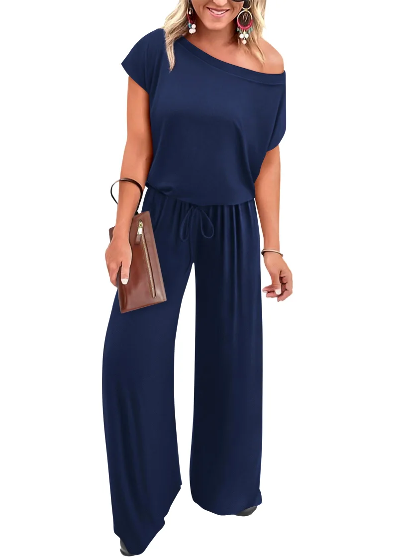 KIRUNDO Wide Leg Off-Shoulder Jumpsuit in Navy