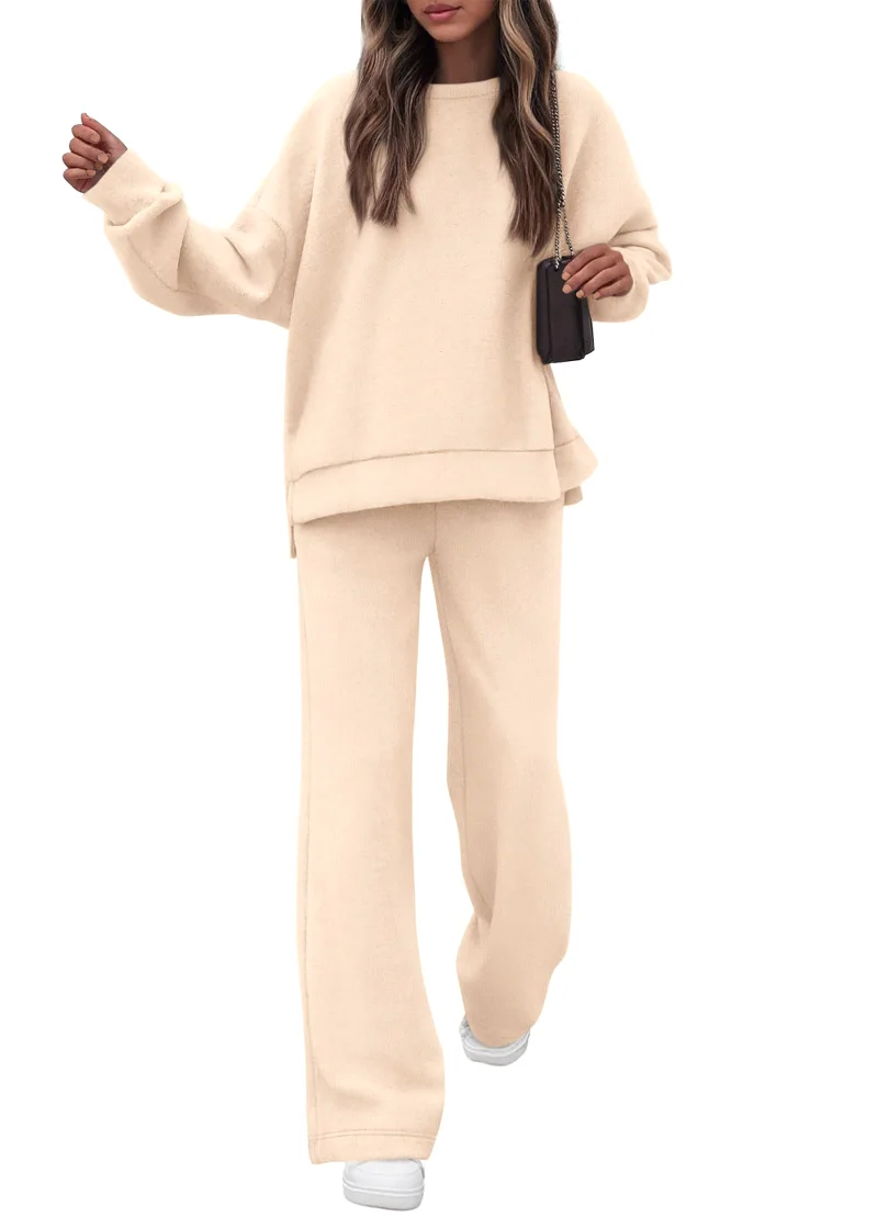 KIRUNDO Wide Leg Sweatsuit Set in Beige