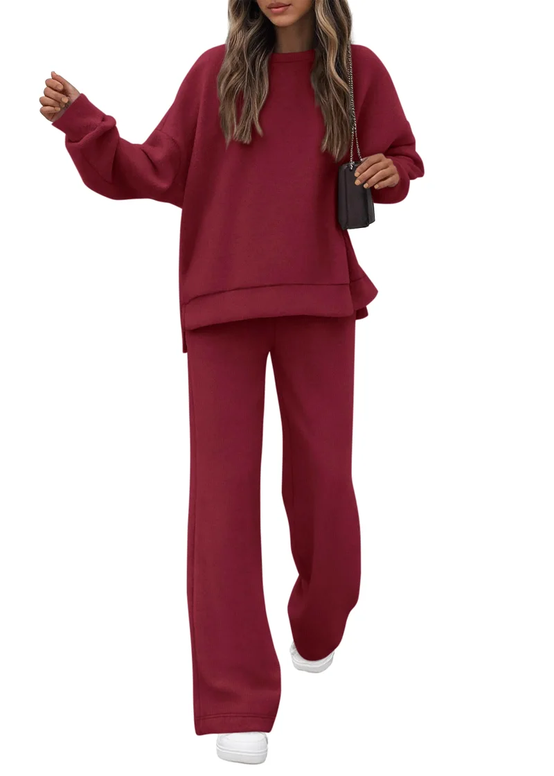 KIRUNDO Wide Leg Sweatsuit Set in Burgundy