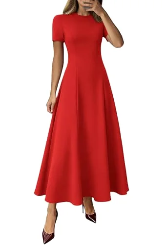 KIRUNDO Short Sleeve A-Line Maxi Dress in Red