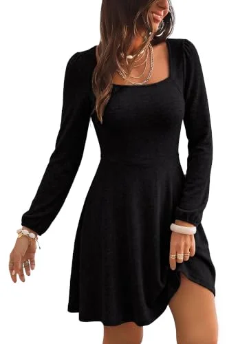 KIRUNDO Babydoll A-Line Long Sleeve Sweater Dress in Black