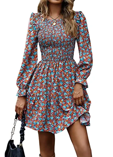 KIRUNDO Smocked Floral Ruffle Mini Dress in Red Blue