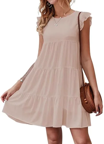 KIRUNDO Tiered Flutter Sleeve Babydoll Dress in Apricot