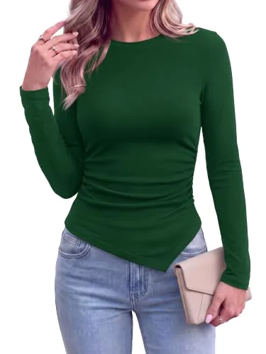 KIRUNDO Asymmetrical Long Sleeve Top in Dark Green