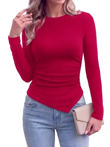 KIRUNDO Asymmetrical Long Sleeve Top in Red