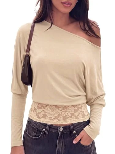 KIRUNDO Asymmetrical Off-Shoulder T-Shirt in Apricot