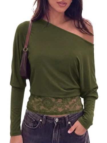 KIRUNDO Asymmetrical Off-Shoulder T-Shirt in Army Green