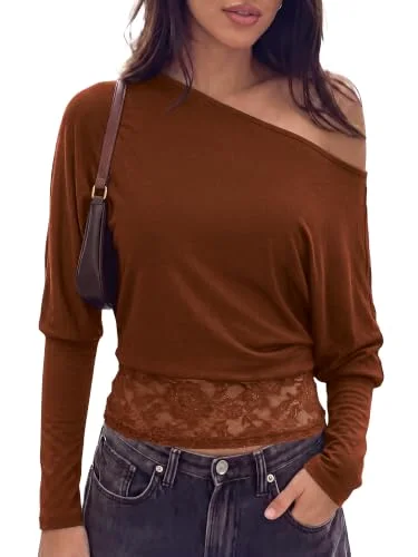 KIRUNDO Asymmetrical Off-Shoulder T-Shirt in Brown