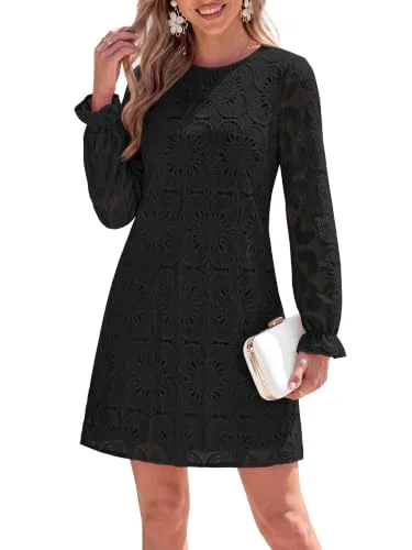 KIRUNDO Crochet Eyelet Lace Mini Dress in Black