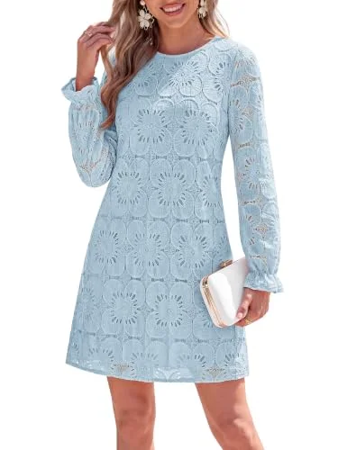 KIRUNDO Crochet Eyelet Lace Mini Dress in Blue