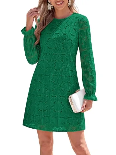 KIRUNDO Crochet Eyelet Lace Mini Dress in Green