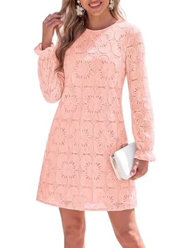 KIRUNDO Crochet Eyelet Lace Mini Dress in Pink