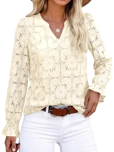 KIRUNDO Crochet Eyelet Lace Top in Beige