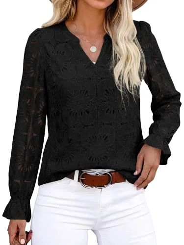 KIRUNDO Crochet Eyelet Lace Top in Black