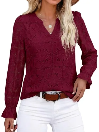 KIRUNDO Crochet Eyelet Lace Top in Burgundy