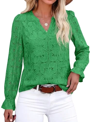 KIRUNDO Crochet Eyelet Lace Top in Green