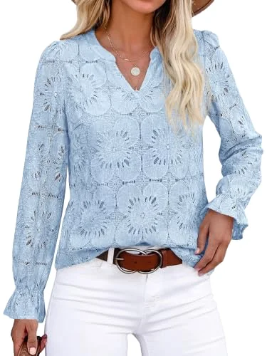 KIRUNDO Crochet Eyelet Lace Top in Light Blue