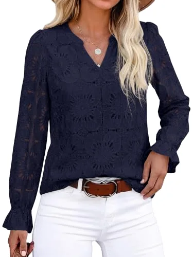 KIRUNDO Crochet Eyelet Lace Top in Navy Blue