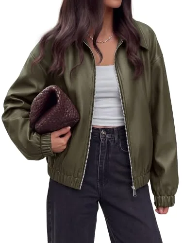 KIRUNDO Faux Leather Oversized Zip-Up Jacket in Army Green