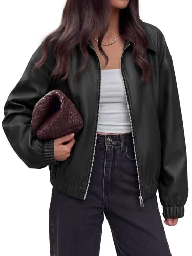 KIRUNDO Faux Leather Oversized Zip-Up Jacket in Black
