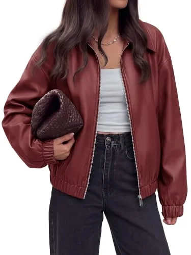 KIRUNDO Faux Leather Oversized Zip-Up Jacket in Burgundy