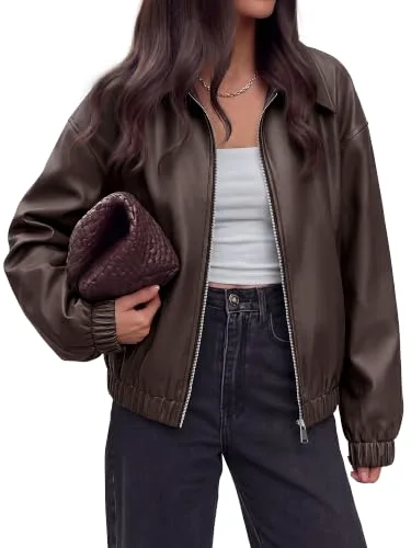 KIRUNDO Faux Leather Oversized Zip-Up Jacket in Dark Brown