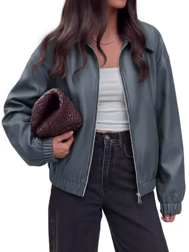 KIRUNDO Faux Leather Oversized Zip-Up Jacket in Dusty Blue
