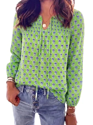 KIRUNDO Floral V-Neck Boho Blouse in Green