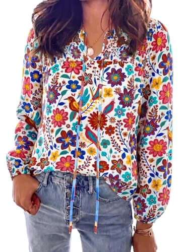 KIRUNDO Floral V-Neck Boho Blouse in White Multicolored