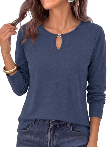 KIRUNDO Keyhole Crewneck Long Sleeve Top in Navy Blue