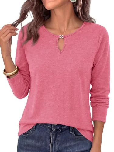 KIRUNDO Keyhole Crewneck Long Sleeve Top in Rose Pink