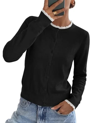 KIRUNDO Lace Button-Down Cardigan in Black