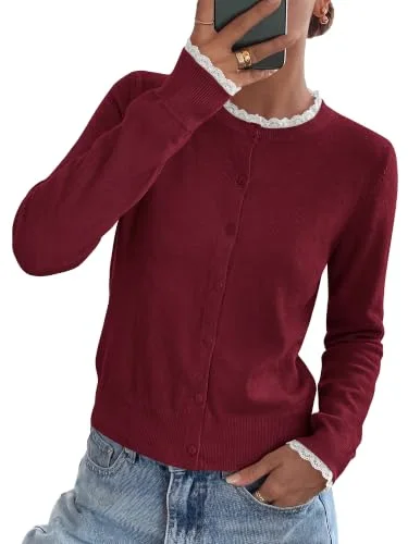 KIRUNDO Lace Button-Down Cardigan in Burgundy