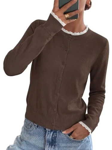 KIRUNDO Lace Button-Down Cardigan in Coffee
