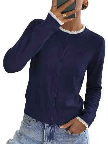 KIRUNDO Lace Button-Down Cardigan in Navy Blue