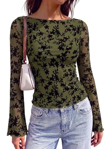KIRUNDO Mesh Floral Boat Neck Blouse in Army Green