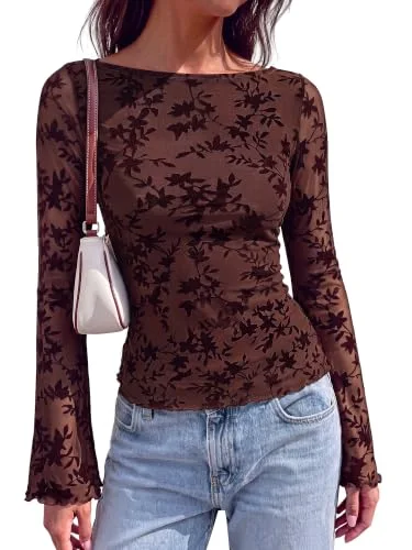 KIRUNDO Mesh Floral Boat Neck Blouse in Brown