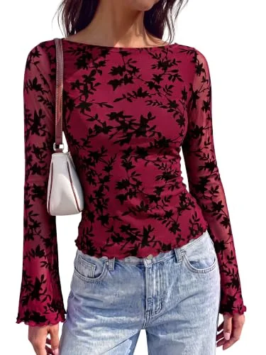 KIRUNDO Mesh Floral Boat Neck Blouse in Burgundy