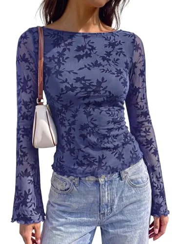 KIRUNDO Mesh Floral Boat Neck Blouse in Dusty Blue