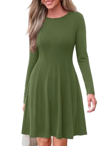 KIRUNDO Pleated A-Line Long Sleeve Dress in Army Green