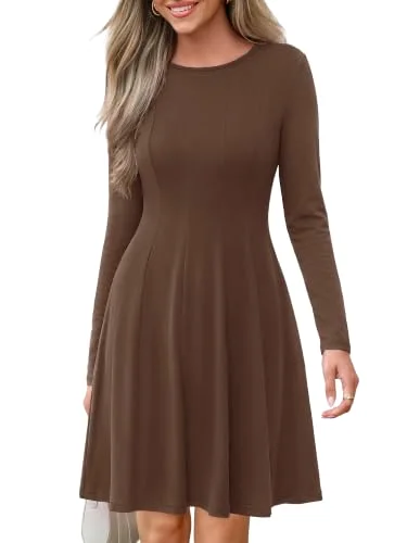 KIRUNDO Pleated A-Line Long Sleeve Dress in Brown