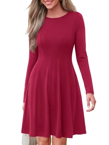 KIRUNDO Pleated A-Line Long Sleeve Dress in Burgundy