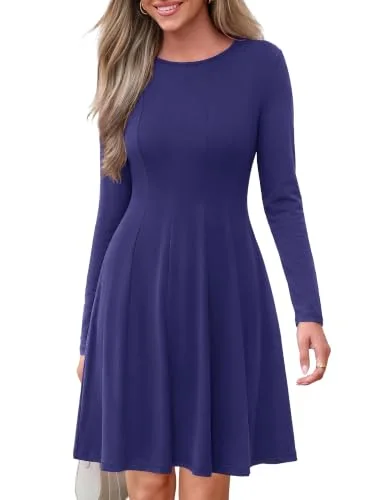 KIRUNDO Pleated A-Line Long Sleeve Dress in Navy Blue