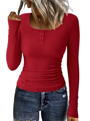 KIRUNDO Ribbed Henley Long Sleeve Top in Burgundy