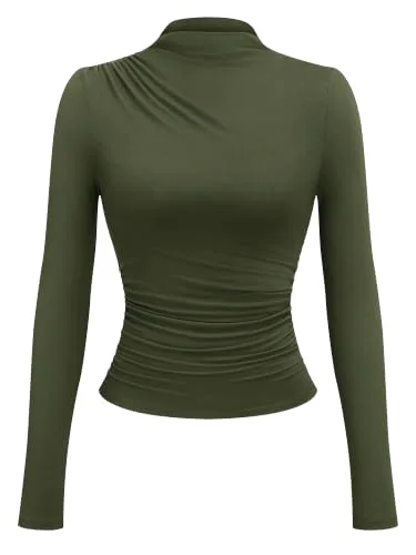 KIRUNDO Ruched Mock Neck Long Sleeve Top in Army Green