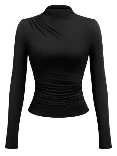 KIRUNDO Ruched Mock Neck Long Sleeve Top in Black