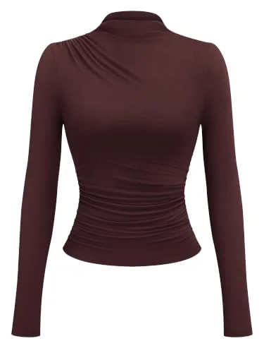 KIRUNDO Ruched Mock Neck Long Sleeve Top in Brown