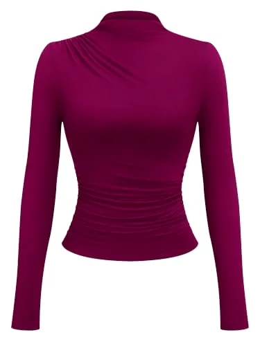 KIRUNDO Ruched Mock Neck Long Sleeve Top in Burgundy
