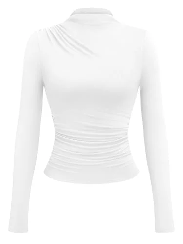 KIRUNDO Ruched Mock Neck Long Sleeve Top in White