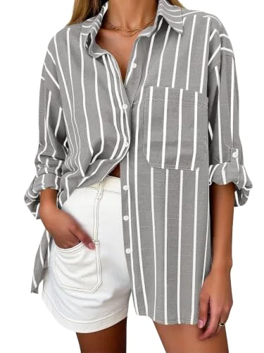 KIRUNDO Striped Button-Down Long Sleeve Shirt in Grey